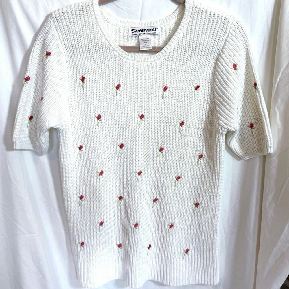 Vintage Serengeti  Pullover Rosebud Embroidered Sweater Sz Medium Coquette